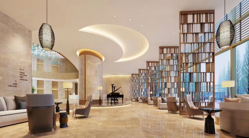 Hospitality lobby with custom decorative metal elements